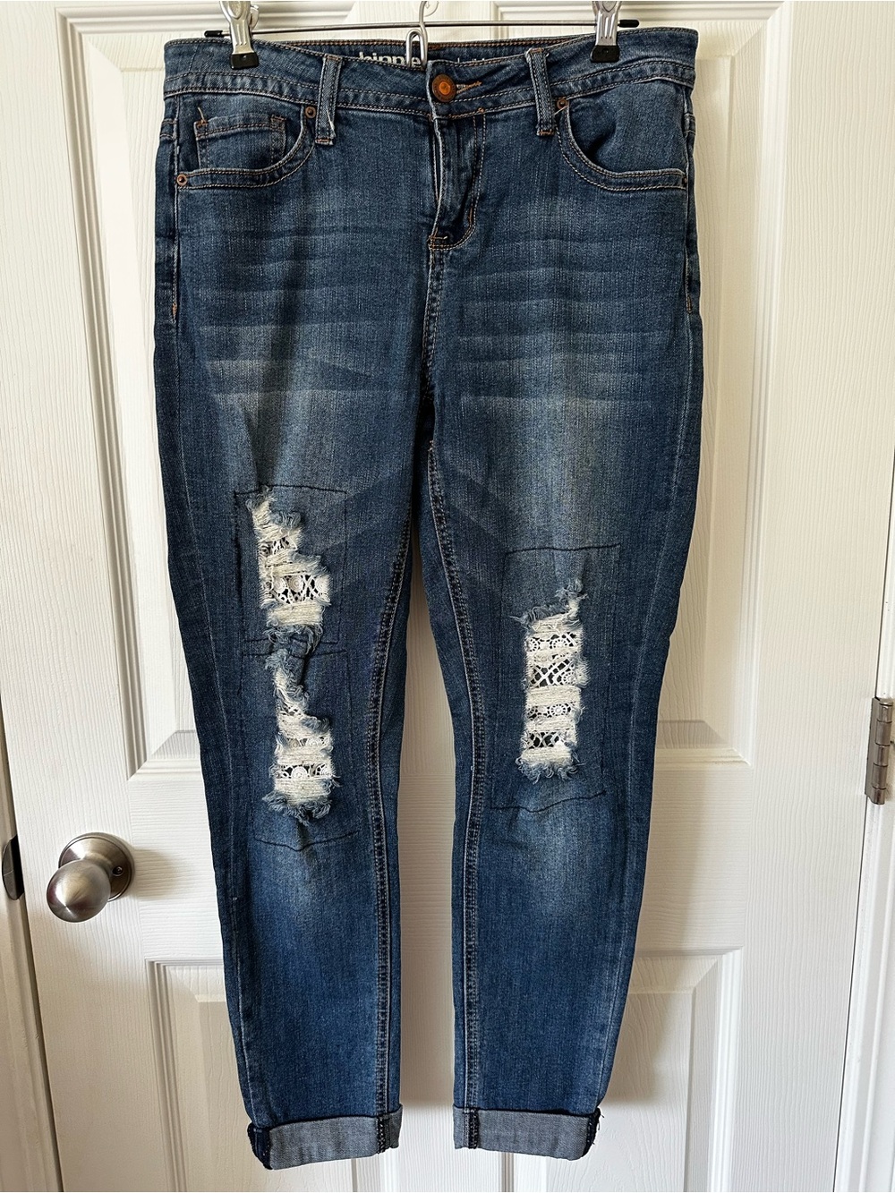 Hippie Laundry 28 Jeans Mid Rise Skinny Distressed Crochet Lace